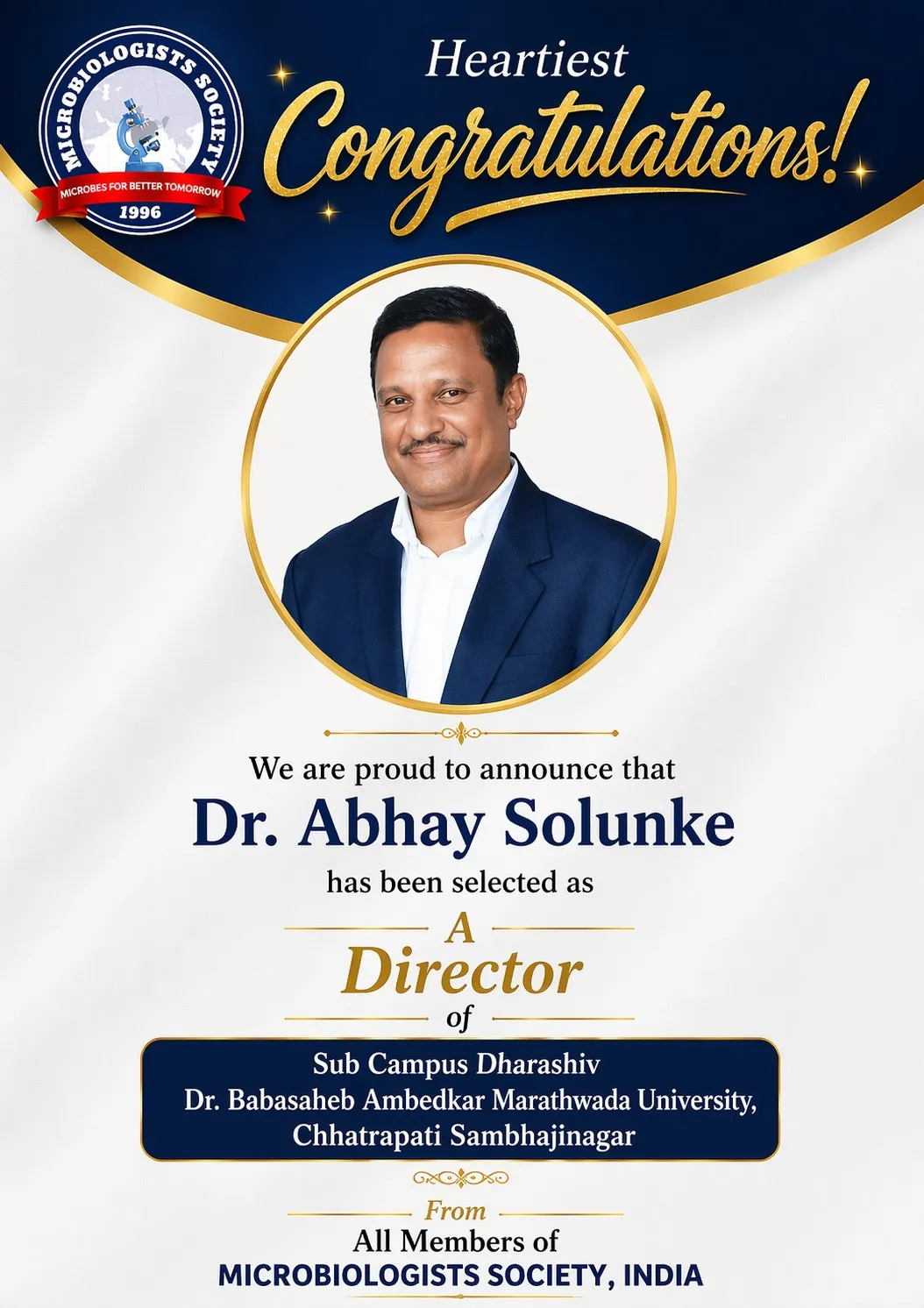 Dr. Abhay Solunke Appointed Director at Dr. Babasaheb Ambedkar Marathwada University Dharashiv Campus