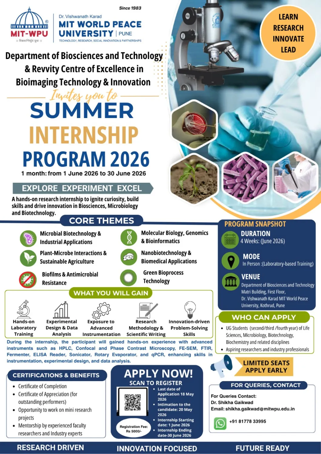 MIT-WPU Summer Internship Program 2026 in Biosciences & Biotechnology